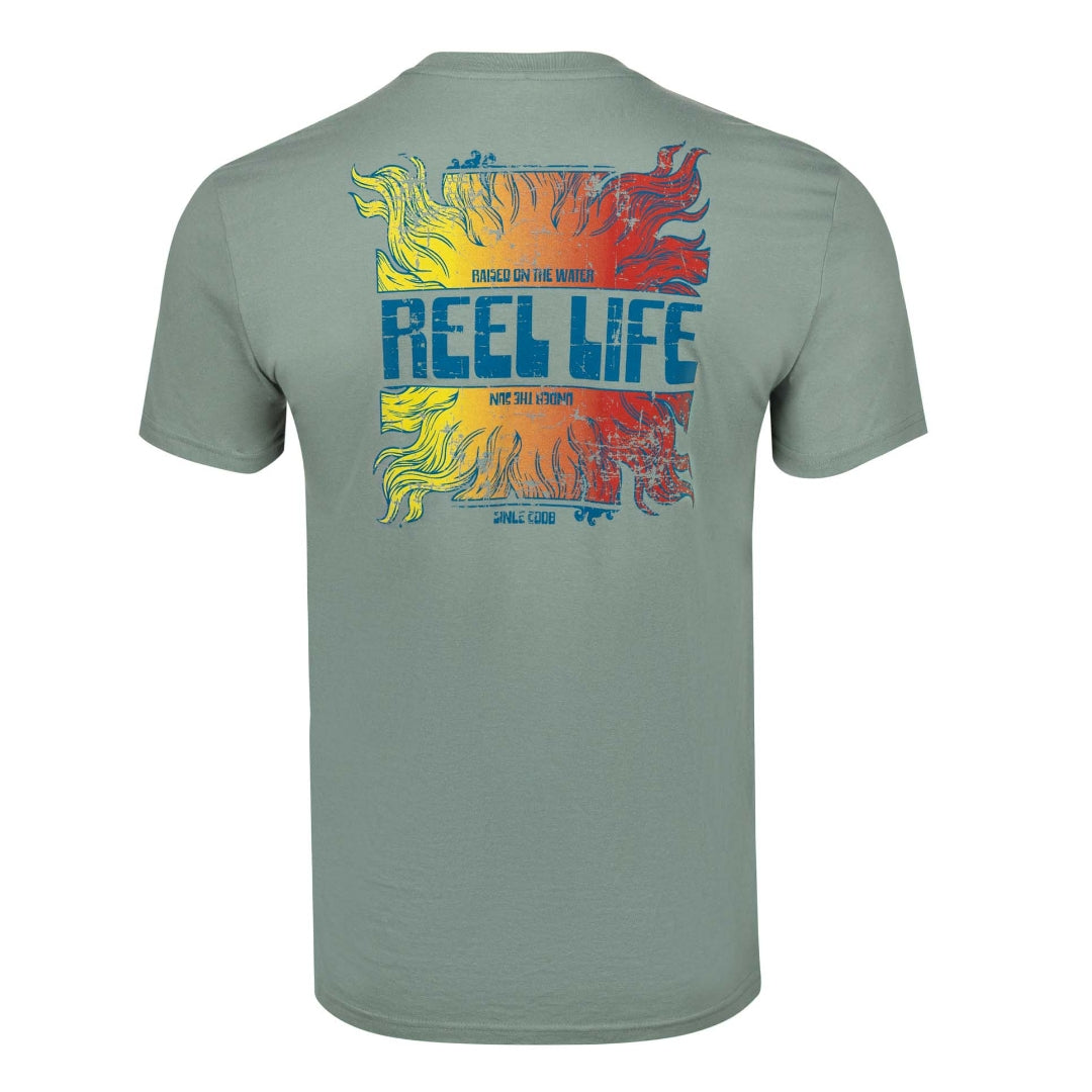 Mens Reel Life Long Sleeve UV Tee Fish Into The Sunset Bass Coral NEW